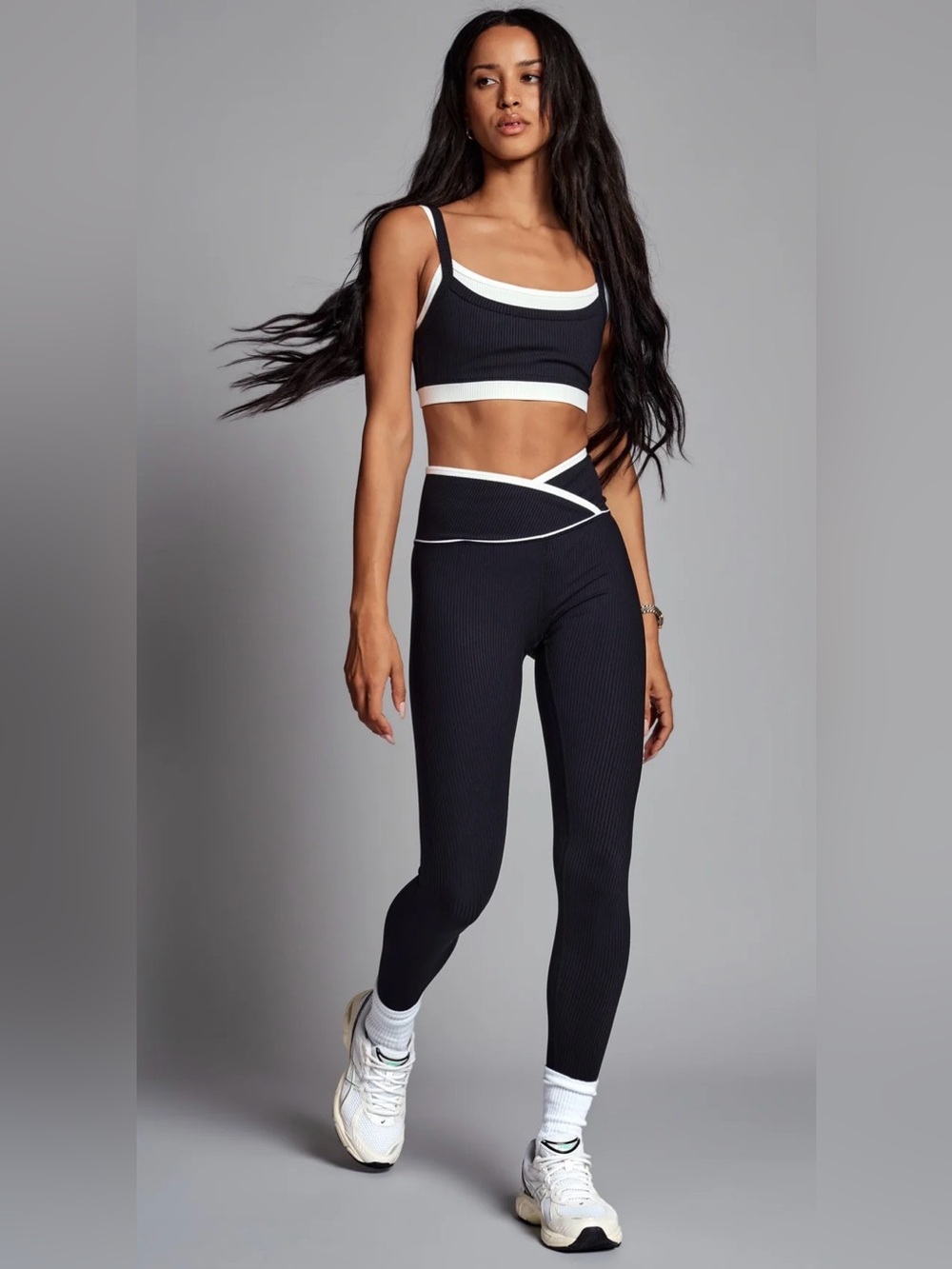 Year of Ours Veronica Legging Set Black Ribbed Leggings with White Trim